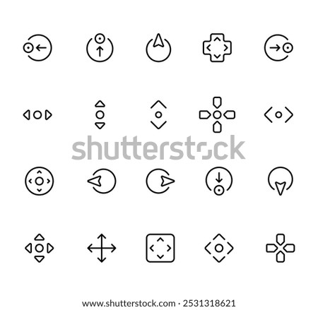 Directional and Navigation Control Icon Set. icons representing gamepad, directional controls, navigation, arrows, d-pads, circular and cross directional indicators. vector