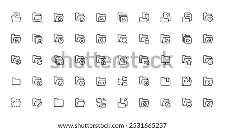 Folder icon set. File catalog, document search, folder synchronization, local network vector illustrations. Outline minimal signs. Editable Stroke. Suitable for Web Page, Mobile App, Ui ux