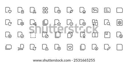 Document and File Icon Set. A collection of icons representing different aspects of document and file management, including file uploads, new files, and search functions.