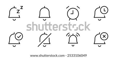 Alarm icon set. Notification, clock bell, Notice message. Alarm symbol. Incoming inbox message. New message icons. Set of ringing bells with new notification UI apps. Vector illustration.