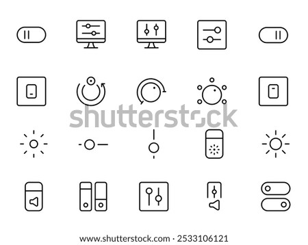 toggle icon, control panel icon, on off,  Brightness, volume, Mobile control icon set, Editable Stroke. Line, Solid, Flat Line, thin style and Suitable for Web Page, Mobile App, UI, UX design.