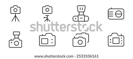 Camera icon set. Photo camera, camera related icons set design with Editable Stroke. Line, Solid, Flat Line, thin style and Suitable for Web Page, Mobile App, UI, UX design, vector 