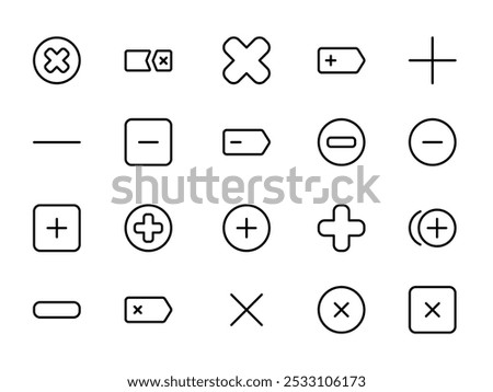 Add remove, plus and minus, positive and negative, add and delete, round line icon black. For the use of UI and mobile app, web site interface.