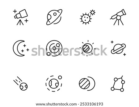 astronomy icon, Outer Space vector set design with Editable Stroke. Line, Solid, Flat Line, thin style and Suitable for Web Page, Mobile App, UI, UX design.