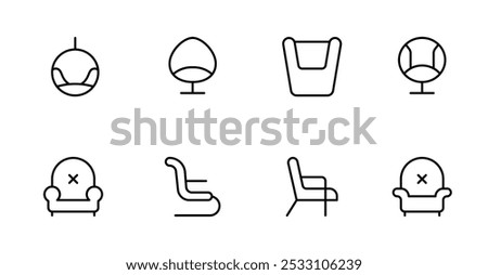 Armchair icon, sofa, Office chair icon vector set design with Editable Stroke. Line, Solid, Flat Line, thin style and Suitable for Web Page, Mobile App, UI, UX design.