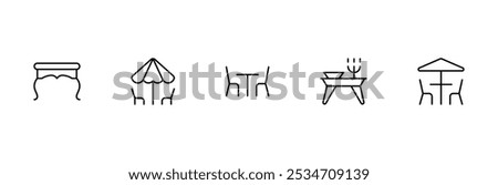 Outdoor and Dining Furniture Icon Set. A set of icons of tables with umbrellas, chairs, and picnic setups, in a minimalist outline style.