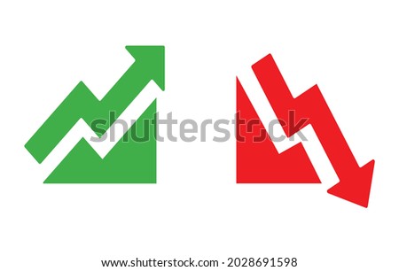 Graph going Up and Down sign with green and red arrows vector. Flat design vector illustration concept of sales bar chart symbol icon with arrow moving down and sales bar chart with arrow moving up.	 Stockfoto © 