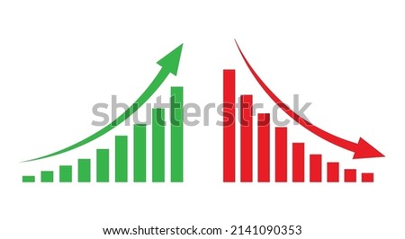 Graph going Up and Down sign with green and red arrows vector. Flat design vector illustration concept of sales bar chart symbol icon with arrow moving down and sales bar chart with arrow moving up.	