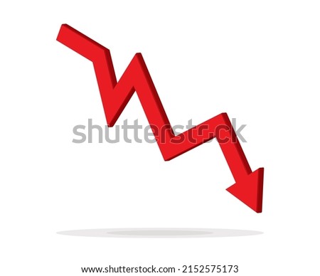 Red 3d arrow going down stock icon on white background. Bankruptcy, financial market crash icon for your web site design, logo, app, UI. graph chart downtrend symbol.chart going down sign.