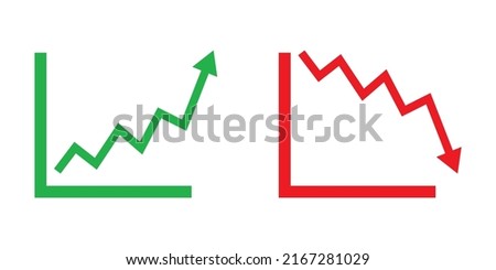 Graph going Up and Down sign with green and red arrows vector. Flat design vector illustration concept of sales bar chart symbol icon with arrow moving down and sales bar chart with arrow moving up.	