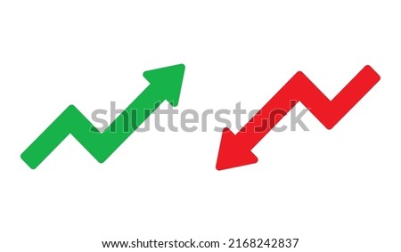 Up and Down sign with green and red arrows vector. Design vector illustration concept of sales bar chart symbol icon with arrow moving down and sales bar chart with arrow moving up.	