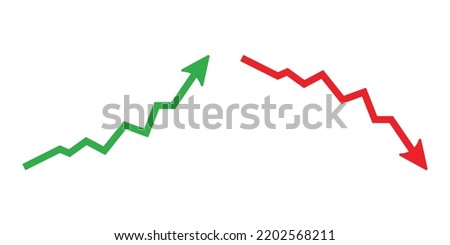 Graph going Up and Down sign with green and red arrows vector. Flat design vector illustration concept of sales bar chart symbol icon with arrow moving down and sales bar chart with arrow moving up.