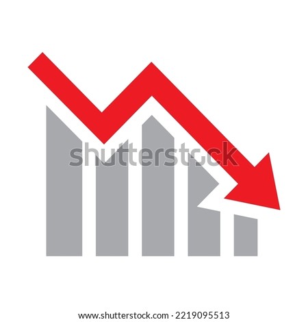 Red arrow going down stock icon on white background. Bankruptcy, financial market crash icon for your web site design, logo, app, UI. graph chart downtrend symbol.chart going down sign.