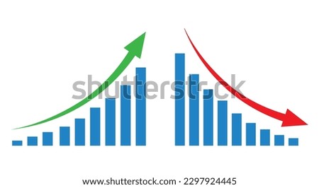 Graph going Up and Down with green and red arrows vector. Blue chart bar vector illustration concept of sales bar chart symbol icon with arrow moving down and sales bar chart with arrow moving up.