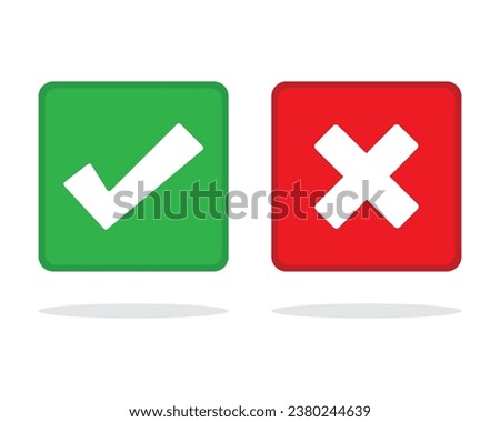 Check and wrong marks, Tick and cross marks, Accepted,Rejected, Approved,Disapproved, Right,Wrong, Correct,False - vector mark symbols in green and red. Isolated flat icon. Test question. 
