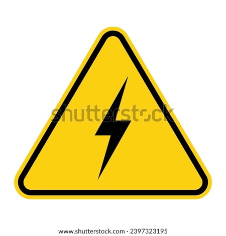 Electric shock danger icon. High voltage shock caution sign with electric lightning. Warning, danger, yellow triangle sign. Vector illustration.High voltage icon, danger vector symbol on white.