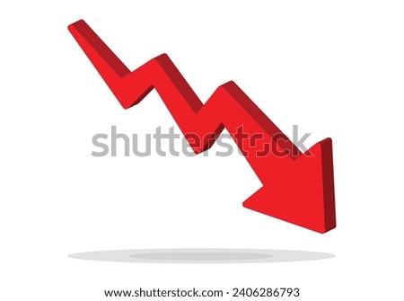 Red 3d arrow going down stock icon on white background. Bankruptcy, financial market crash icon for your web site design, logo, app, UI. graph chart downtrend symbol.chart going down sign.