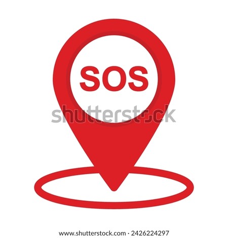 Marker location with SOS. Red mapping with SOS. Vector icon. Map pin, SOS sign. Help concept.10 eps. SOS alarm phone map pointer for apps.