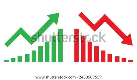 Graph going Up and Down sign with green and red arrows vector. Flat design vector illustration concept of sales bar chart symbol icon with arrow moving down and sales bar chart with arrow moving up.