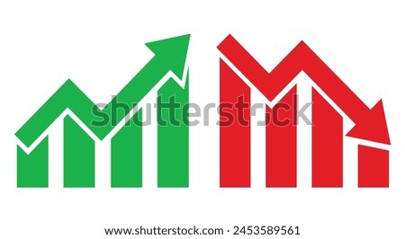 Graph going Up and Down sign with green and red arrows vector. Flat design vector illustration concept of sales bar chart symbol icon with arrow moving down and sales bar chart with arrow moving up.