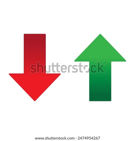 Up and Down sign with green and red arrows vector illustration. Concept of sales bar chart symbol icon with arrow moving down and sales bar chart with arrow moving up.