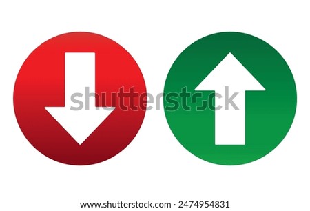 Up and Down arrows inside the round with green and red arrow vector illustration. Concept of sales bar chart symbol icon with arrow moving down and sales bar chart with arrow moving up.