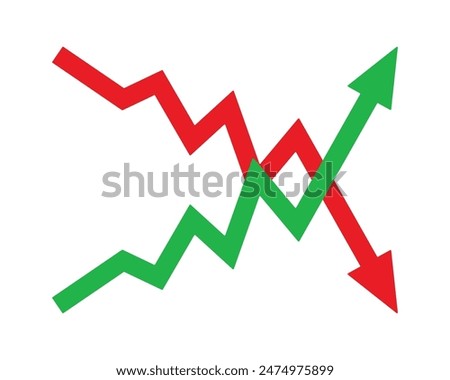 Graph going Up and Down sign with green and red arrows vector. Flat design vector illustration concept of sales bar chart symbol icon with arrow moving down and sales bar chart with arrow moving up.