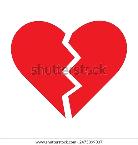 Red Heart broken to two pieces vector illustration icon or logo, broken heart concept, breakup or divorce, heartbreak regret, separated couple, tragic love. Broken Red Heart Emoji.