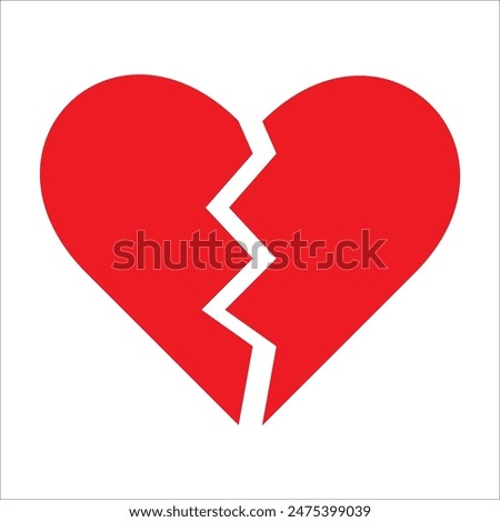 Red Heart broken to two pieces vector illustration icon or logo, broken heart concept, breakup or divorce, heartbreak regret, separated couple, tragic love. Broken Red Heart Emoji.