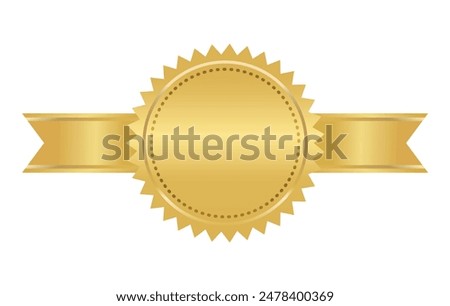 Golden seal with horizontal ribbons isolated on white background vector illustration. Gold award medal, Golden stamp with ribbons isolated on white. Luxury seal. Winner, Trophy, Top Quality concept.