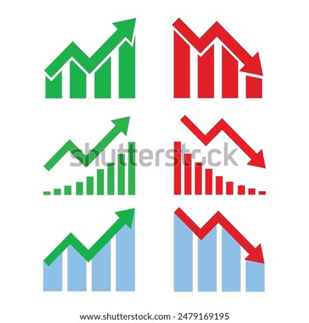 Graph going Up and Down sign with green and red arrows vector set. Flat design vector set of a concept of sales bar chart symbol icon with arrow moving down and sales bar chart with arrow moving up.