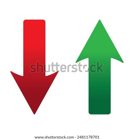 Up and Down sign with green and red arrows vector illustration. Concept of sales bar chart symbol icon with arrow moving down and sales bar chart with arrow moving up.