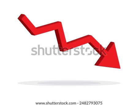 Red 3d arrow going down stock icon on white background. Bankruptcy, financial market crash icon for your web site design, logo, app, UI. graph chart downtrend symbol.chart going down sign.