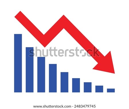 Red arrow going down stock icon on white background. Decrease, Bankruptcy, financial market crash icon for your web site design, logo, app, UI. graph chart downtrend symbol.chart going down sign.