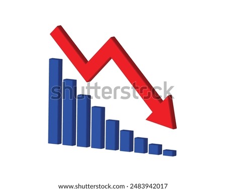 Red 3d arrow going down stock icon on white background. Bankruptcy, financial market crash icon for your web site design, logo, app, UI. graph chart downtrend symbol.chart going down sign.