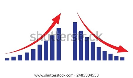 Graph going Up and Down with  red arrows vector. Blue chart bar vector illustration concept of sales bar chart symbol icon with arrow moving down and sales bar chart with arrow moving up.