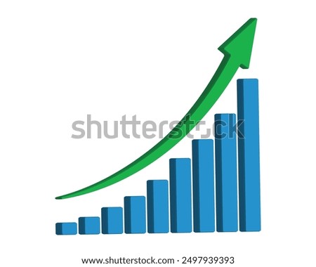 Upward stepping 3d green arrow. Growth Bar blue stairs step to growth success vector illustration on white. Progress way and forward achievement creative concept. 3d Bar graph of blue bars.