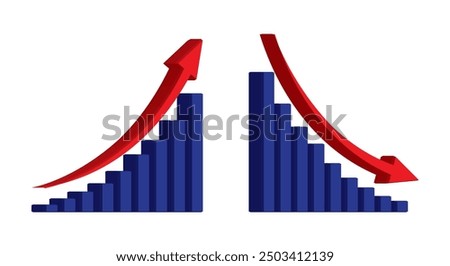 3D Graph going Up and Down with  red arrows vector. Blue chart bar vector illustration concept of sales bar chart symbol icon with 3d arrow moving down and sales bar chart with arrow moving up.