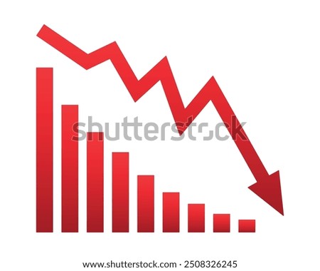 Red arrow going down stock icon on white background. Bankruptcy, financial market crash icon for your web site design, logo, app, UI. graph chart down trend symbol.chart going down sign.