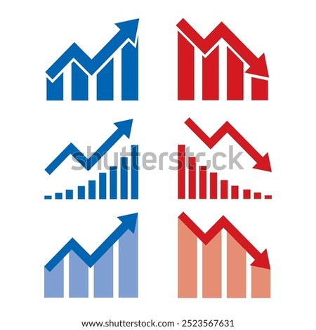 Graph going Up and Down sign with blue and red arrows vector set. Flat design vector set of a concept of sales bar chart symbol icon with arrow moving down and sales bar chart with arrow moving up.