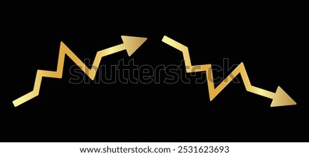 Graph going Up and Down sign with two golden arrows vector. Flat design vector illustration concept of gold sale bar chart symbol icon with arrow moving down and sales bar chart with arrow moving up.