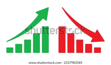 Graph going Up and Down sign with green and red arrows vector. Flat design vector illustration concept of sales bar chart symbol icon with arrow moving down and sales bar chart with arrow moving up.