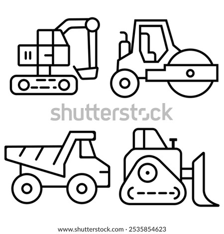 Car icon, Construction line car icon, vector set, outline. JCB, truck, crane, lorry, bulldozer icon. vector illustration. 