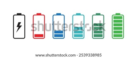 Battery charge indicator icon set in different color. Battery showing charging level.  Discharged and fully charged battery level. battery charge level.