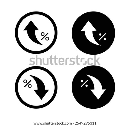 Percent arrow icon. Growth, increase, decrease arrow filled icons. Up arrows, down arrows. Vector illustration on white background.