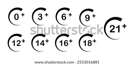 Age restriction icon set for 0, 3, 6, 9, 12, 14, 16,18 and 21 plus vector isolated on white background. Adults only. age limit concept.
