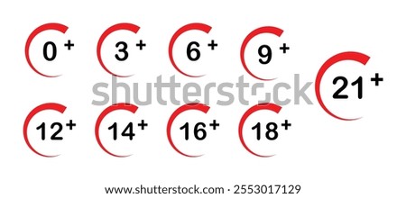 Age restriction icon set for 0, 3, 6, 9, 12, 14, 16,18 and 21 plus vector isolated on white background. Adults only. age limit concept