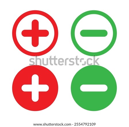 Plus, and minus icon in flat and outline style vector illustration on white background. Add and subtract icon in red and green color For web and website. 