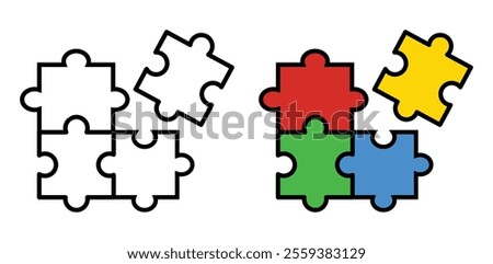 Puzzle isolated icon set. Line, solid and filled outline colorful version, outline and filled vector sign. Plugins symbol. Jigsaw puzzle game vector. Puzzle pieces. Puzzle icon set.