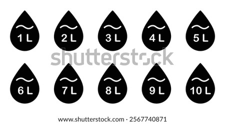  Liter icon set from 1 to 10. Fluid volume in liters. Capacity of oil and water icon set. Liter icon fluid volume in liters liquid drop litre. Liquid measure in liters.